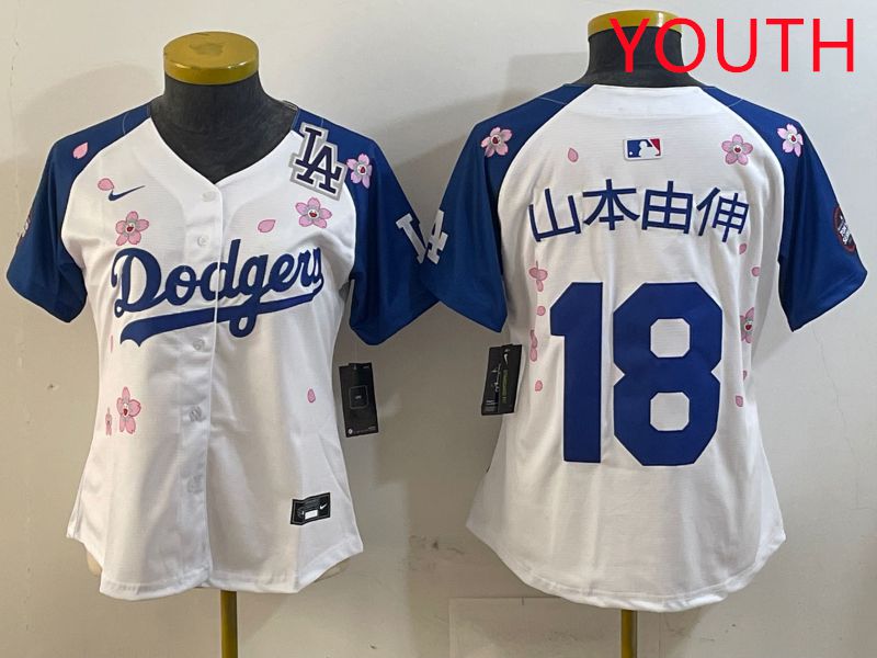 Youth Los Angeles Dodgers #18 Yamamoto White Blue Sakura Edition 2025 Nike MLB Jersey style 14